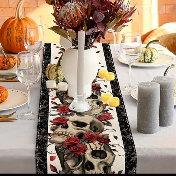 Skull & Roses Table Runner 72"×12" Red Black Goth Rock Match Placemats Halloween - Picture 2 of 4